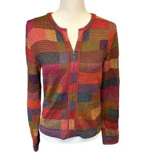 PERUVIAN CONNECTION 100% Alpaca color block zip up sweater knit women’s top